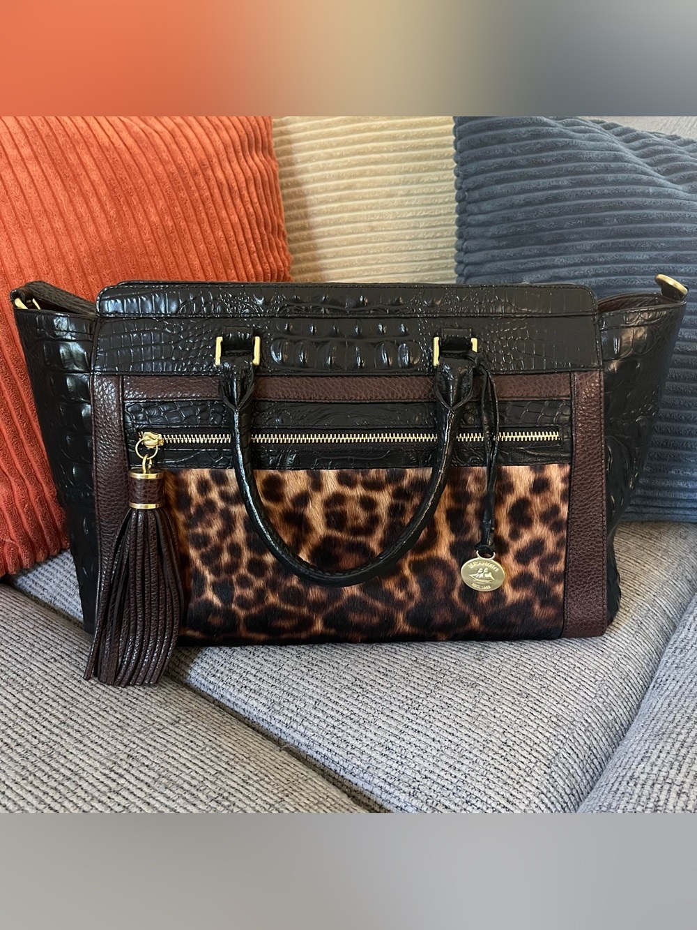 Brahmin Anna satchel Black crocodile embossed leather leopard print calf-hair